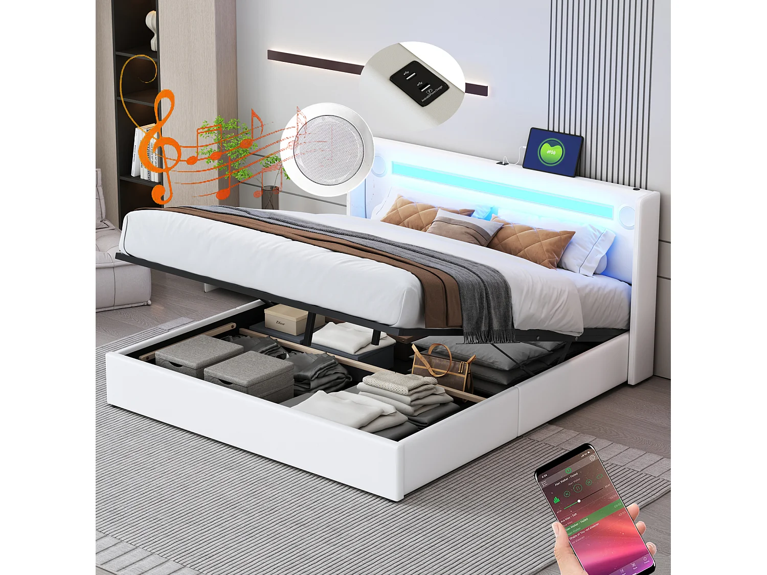 Opbergbed 160x200cm - Tweepersoonsbed met lattenbodem, LED-hoofdbord met Bluetooth en USB-aansluiting - in wit PU-leer