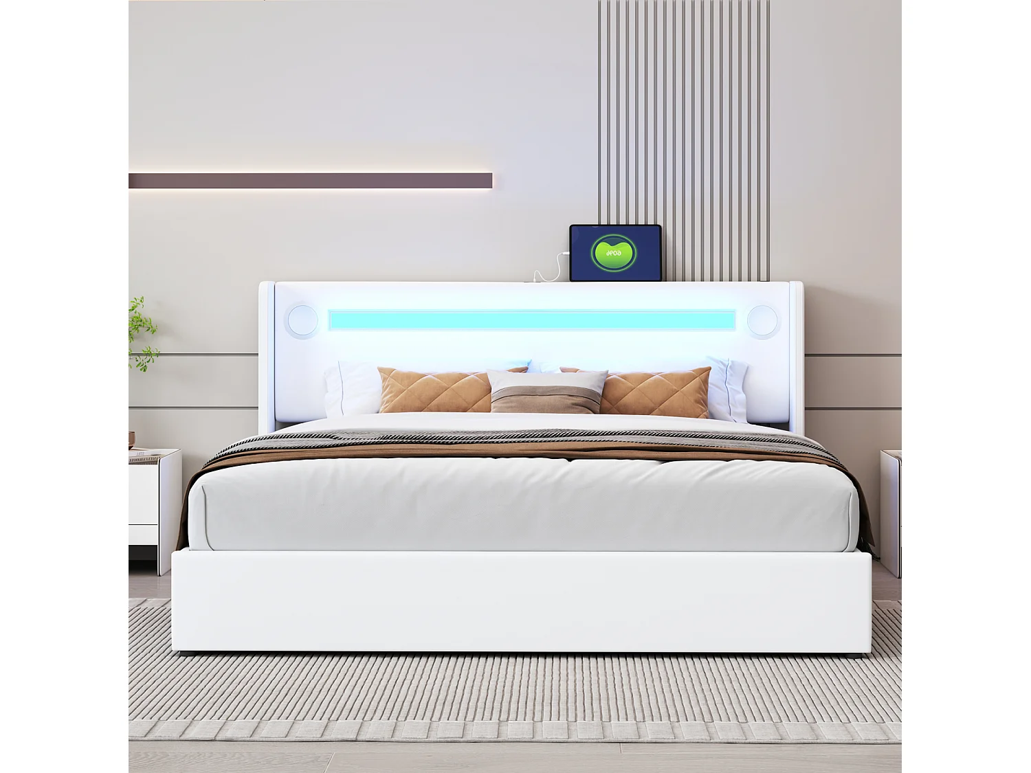 Opbergbed 160x200cm - Tweepersoonsbed met lattenbodem, LED-hoofdbord met Bluetooth en USB-aansluiting - in wit PU-leer