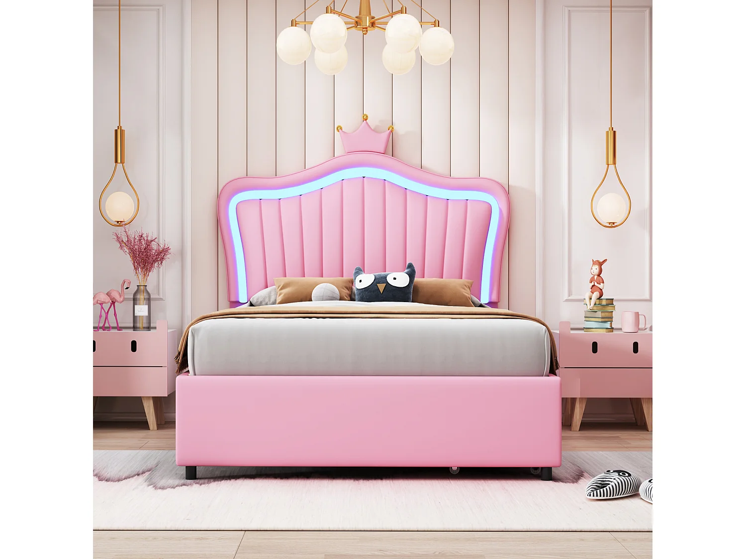 Cama infantil LED con 2 cajones, somier de láminas y cabecero corona, piel sintética, rosa 90x200cm