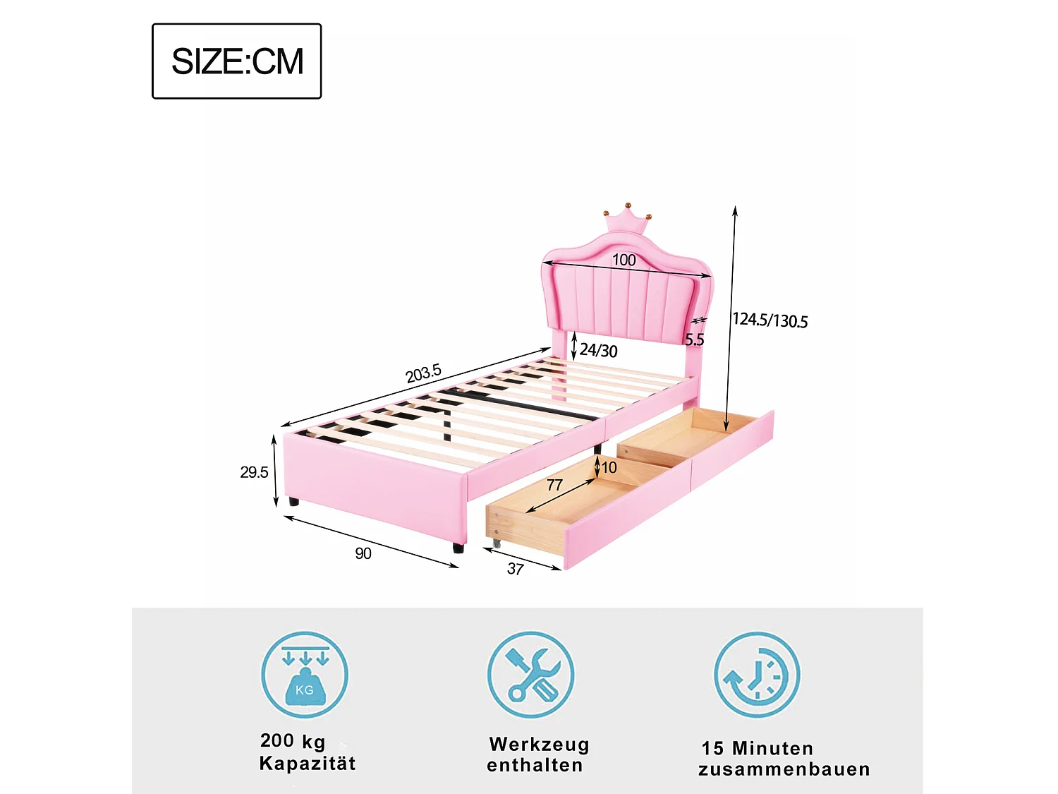 Cama infantil LED con 2 cajones, somier de láminas y cabecero corona, piel sintética, rosa 90x200cm