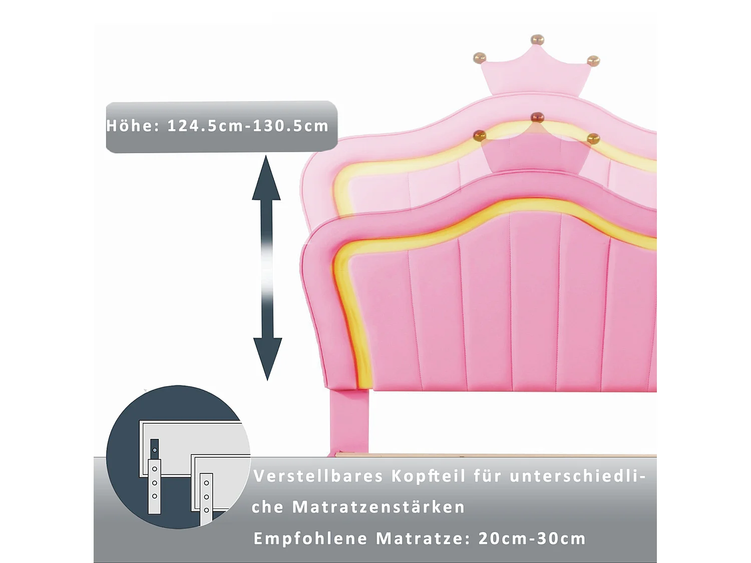 Cama infantil LED con 2 cajones, somier de láminas y cabecero corona, piel sintética, rosa 90x200cm