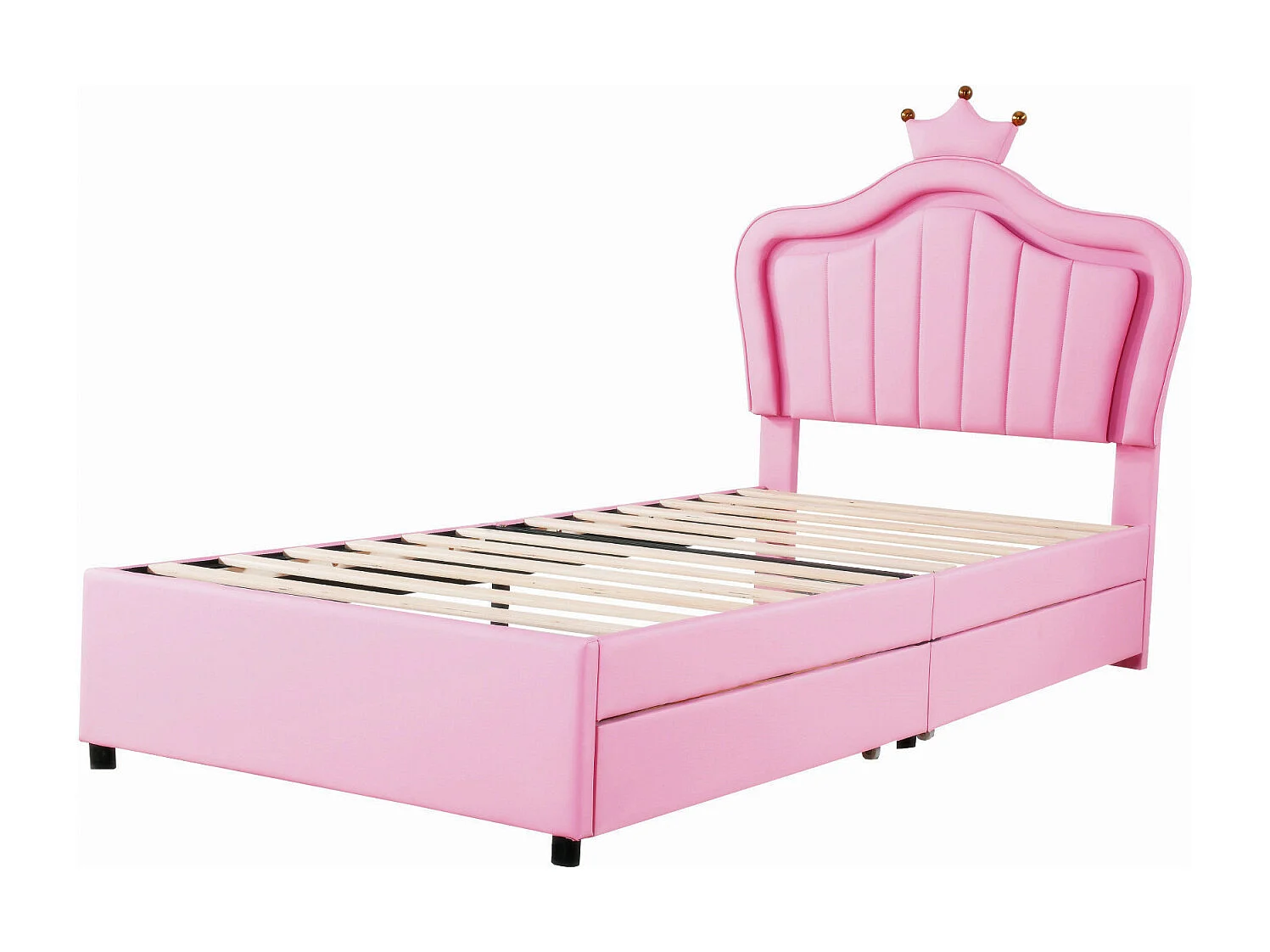 Cama infantil LED con 2 cajones, somier de láminas y cabecero corona, piel sintética, rosa 90x200cm