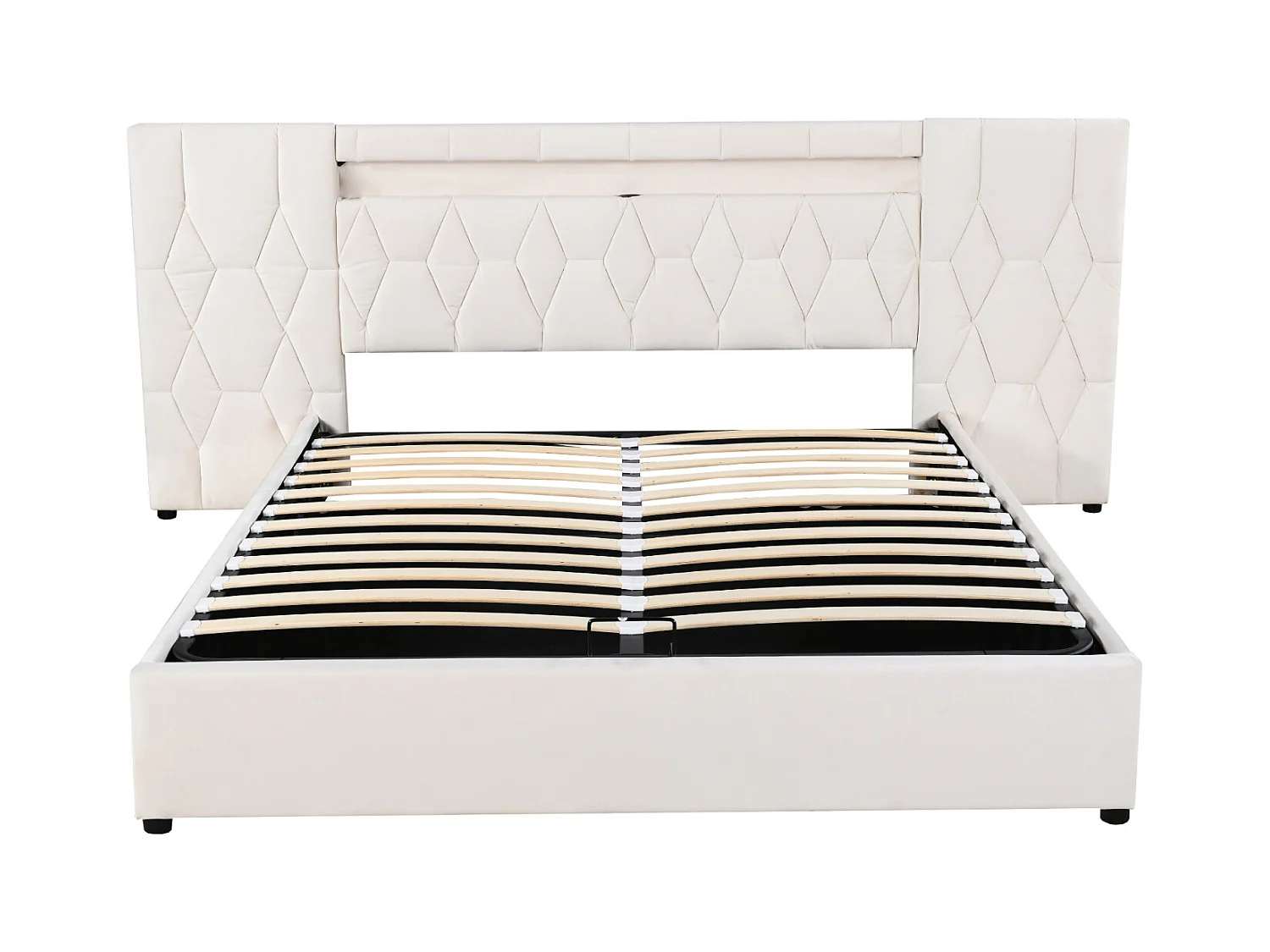 Lit coffre capitonné 180x200cm - avec grand dossier - avec LED et prise USB - velours - lit rangement coffre - beige