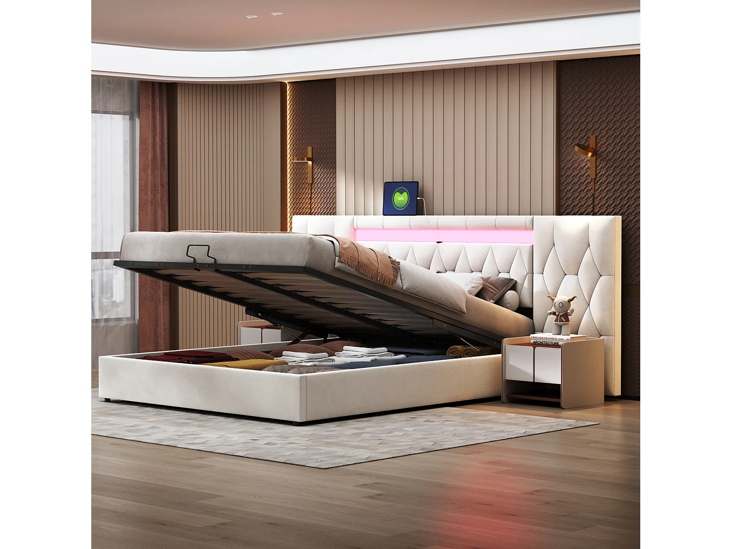 Lit coffre capitonné 180x200cm - avec grand dossier - avec LED et prise USB - velours - lit rangement coffre - beige