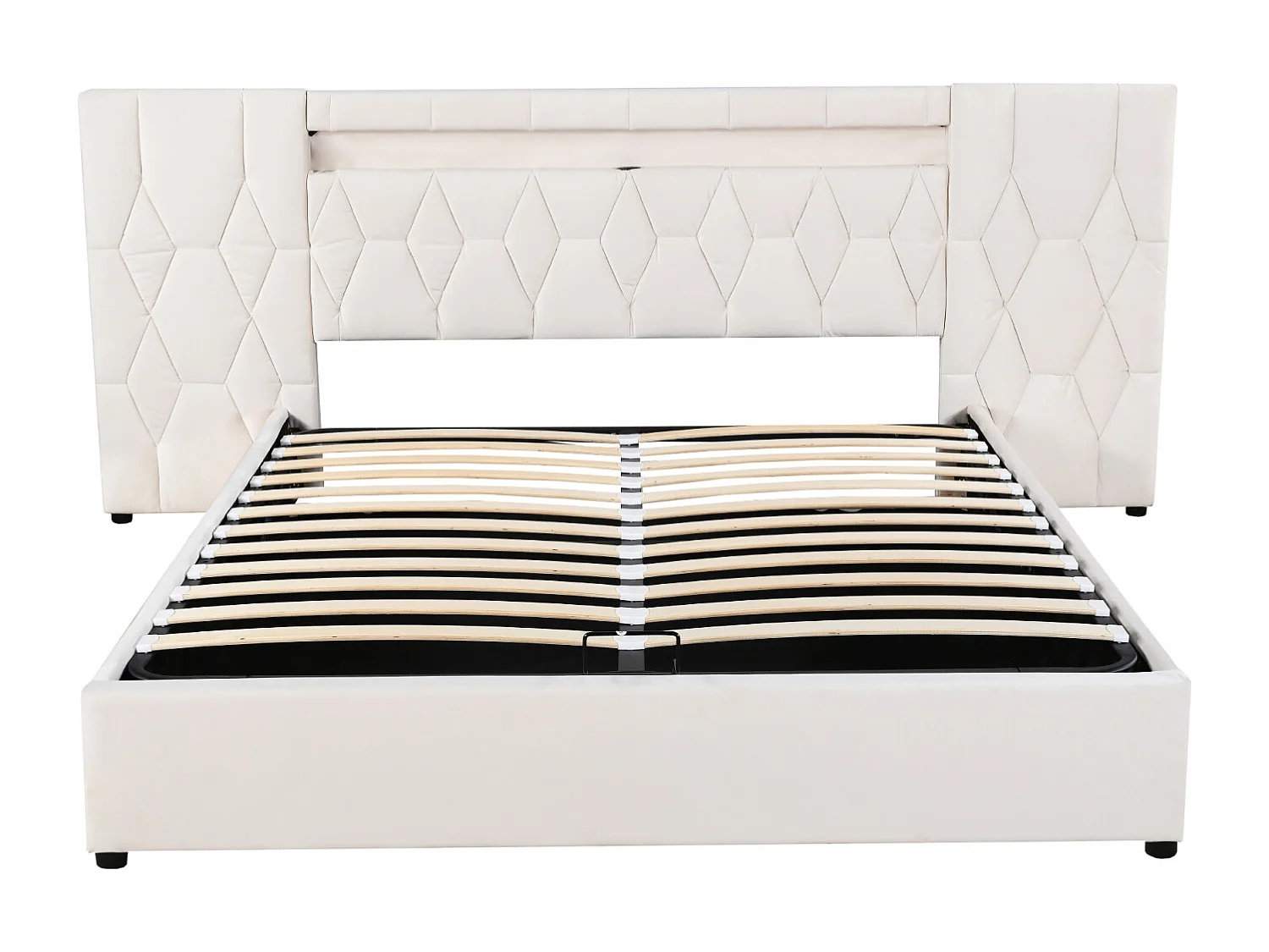 Lit coffre capitonné 180x200cm - avec grand dossier - avec LED et prise USB - velours - lit rangement coffre - beige