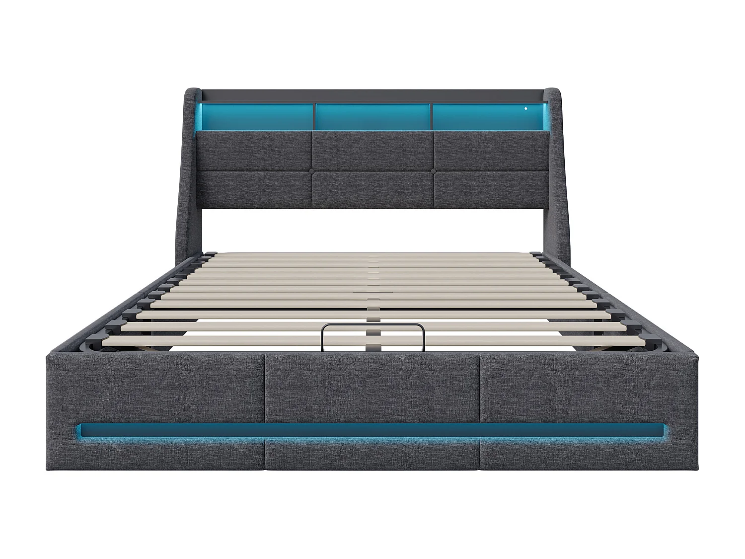 Lit coffre 140x200cm rembourré en tissu lin - avec LED et Ports de charge - avec sommier à lattes - Gris