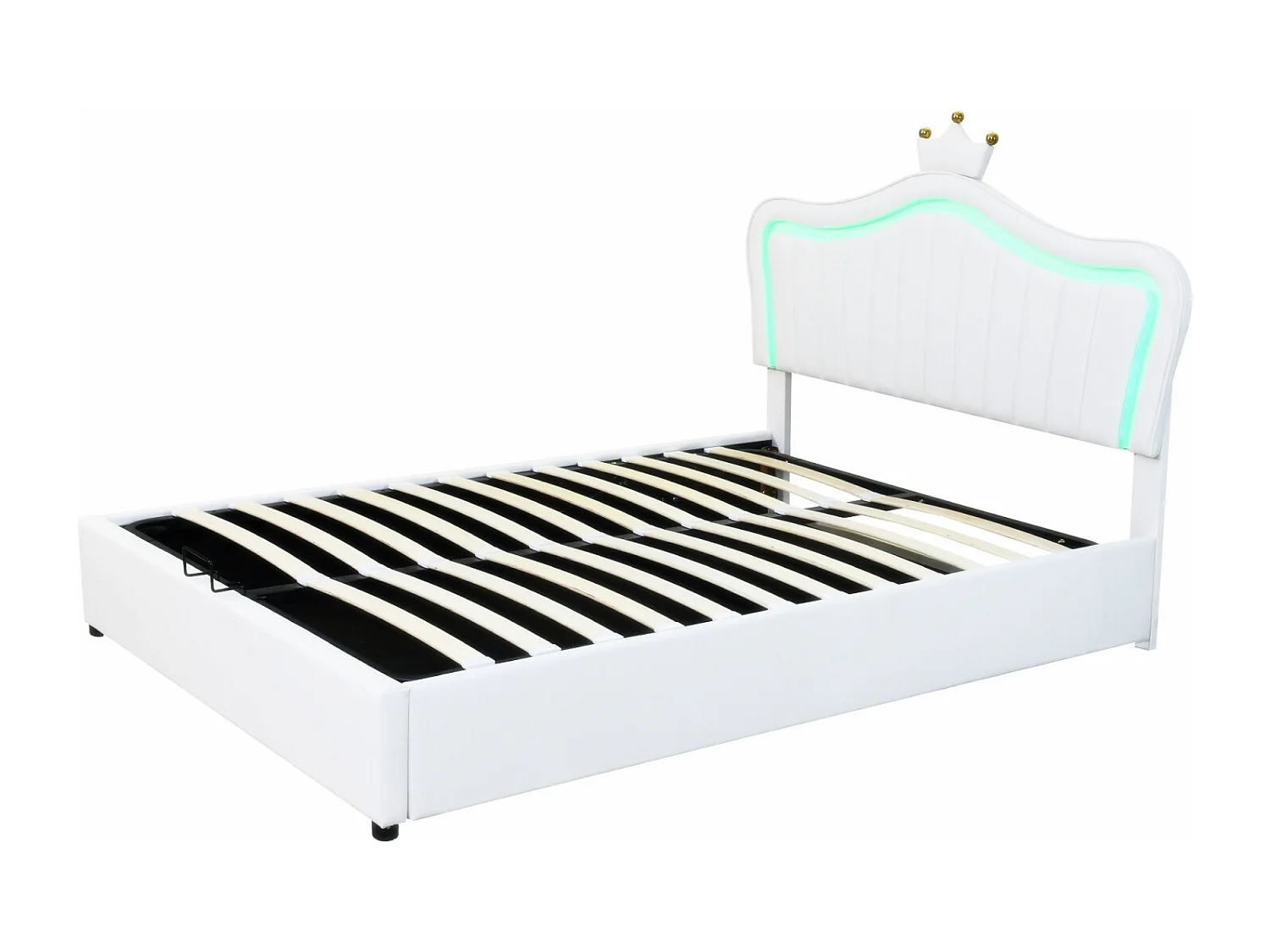 Letto contenitore 140x200cm, letto per bambini a LED con rete a doghe e testiera a corona, in similpelle, bianco