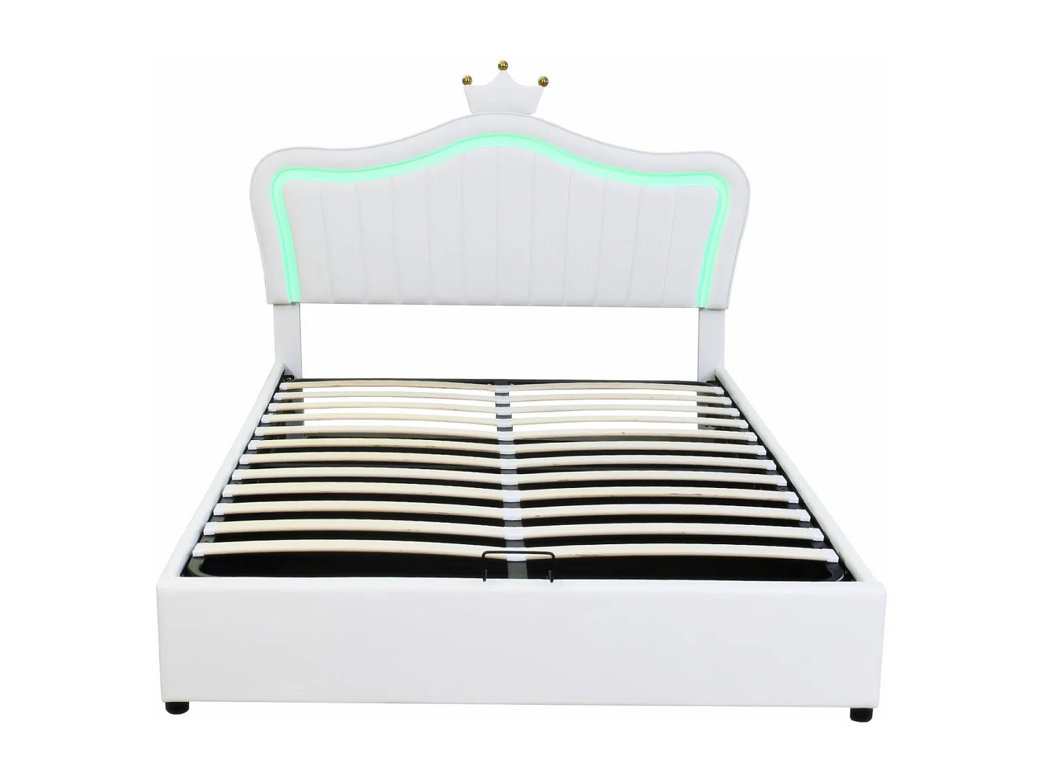 Letto contenitore 140x200cm, letto per bambini a LED con rete a doghe e testiera a corona, in similpelle, bianco