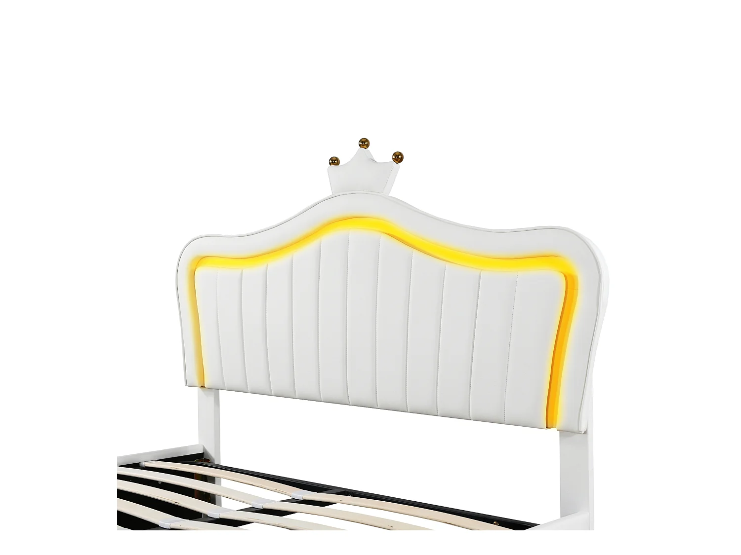 Lit coffre 140x200cm, lit enfant LED avec sommier à lattes et tête de lit avec couronne, en cuir PU, blanc