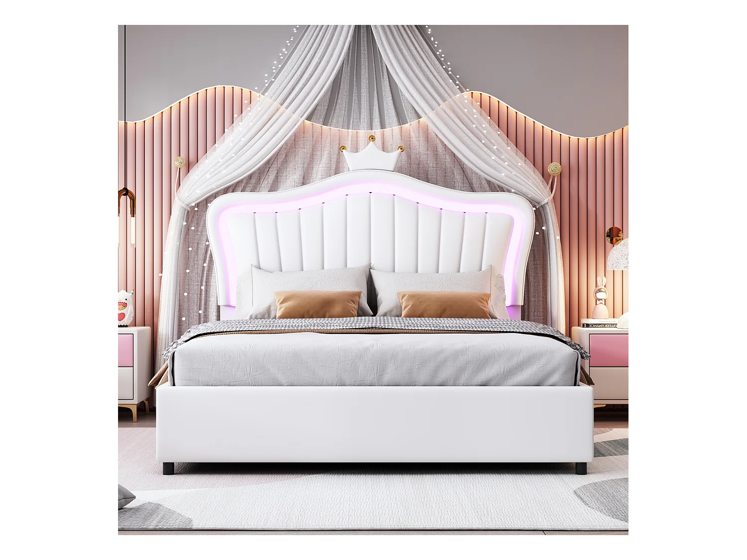 Lit coffre 140x200cm, lit enfant LED avec sommier à lattes et tête de lit avec couronne, en cuir PU, blanc