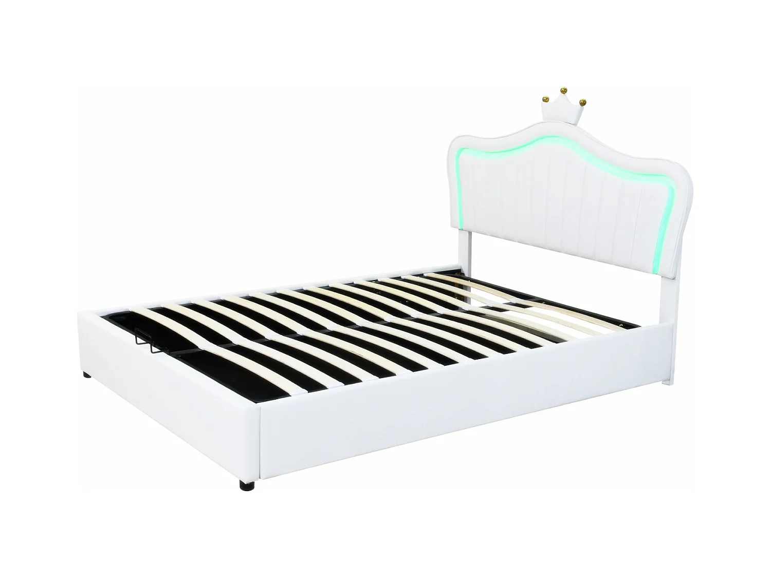 Lit coffre 140x200cm, lit enfant LED avec sommier à lattes et tête de lit avec couronne, en cuir PU, blanc