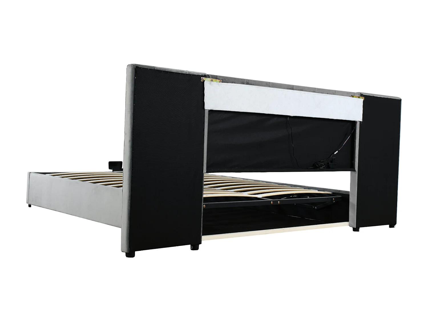 Lit coffre capitonné 180x200cm - avec grand dossier - avec LED et prise USB - velours- gris