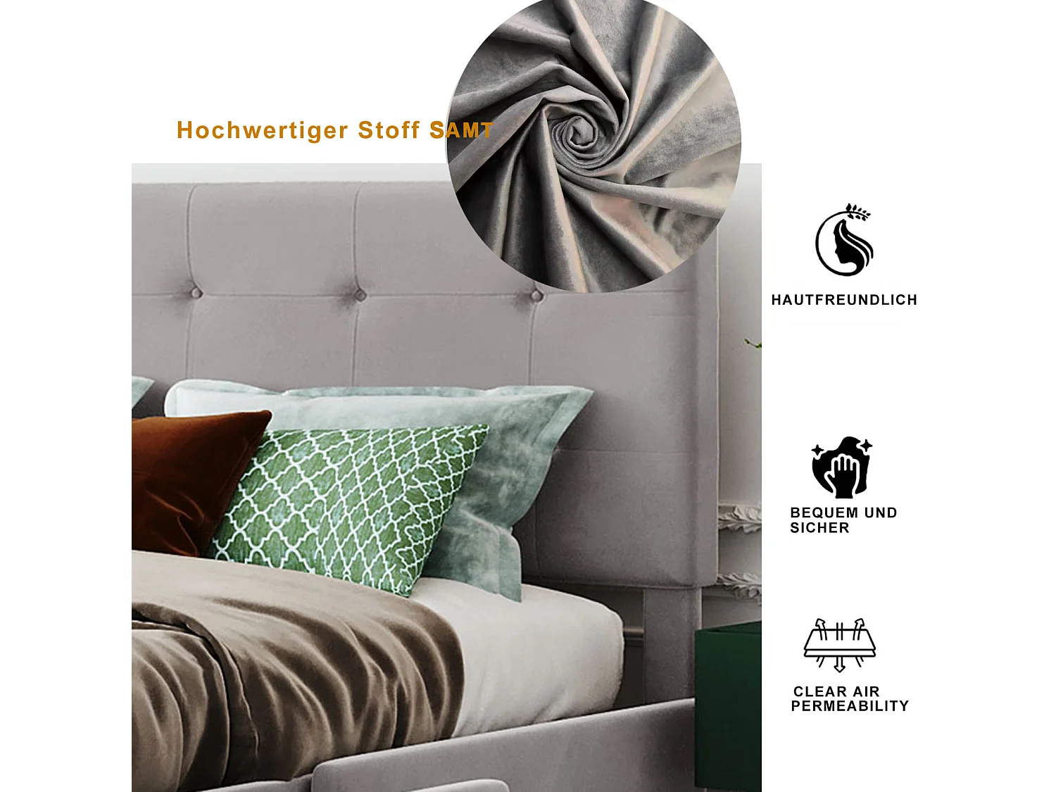 Lit avec tiroirs double capitonné 140 x 200 cm - avec 4 tiroirs, sommier à lattes, tête de lit, velours, style scandinave -lit adulte Gris