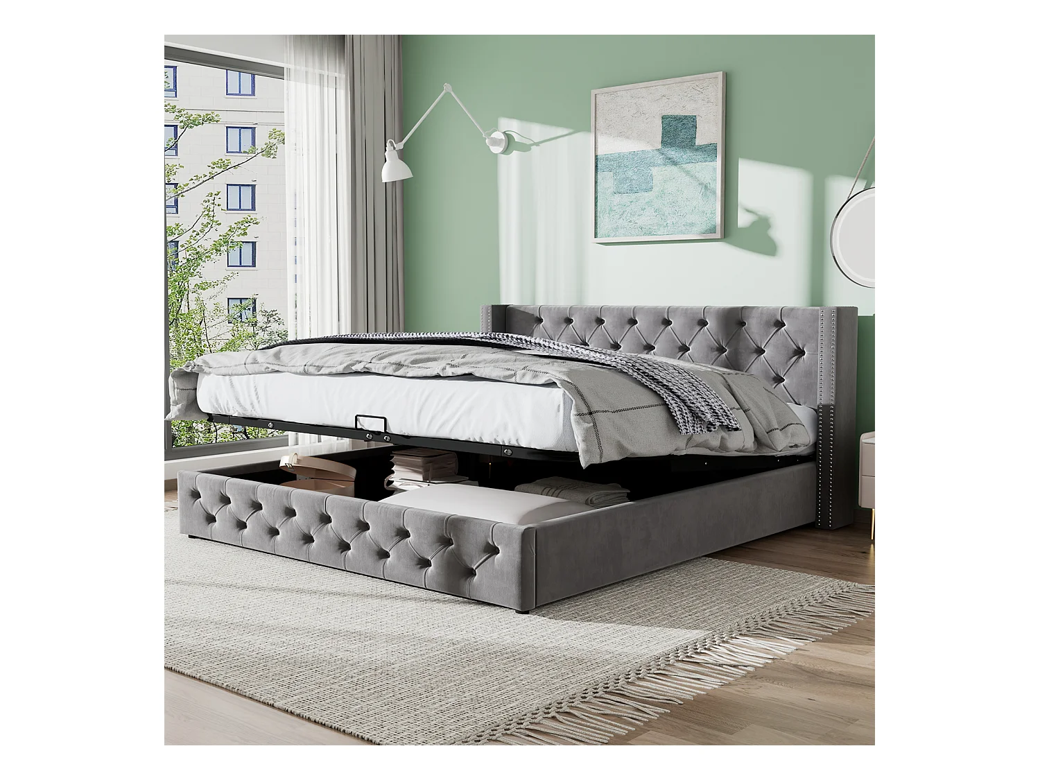 Cama de arrumação 140x190cm, cama de casal com estrado de ripas e cabeceira em forma de orelha, cama estofada em veludo, Cinzento