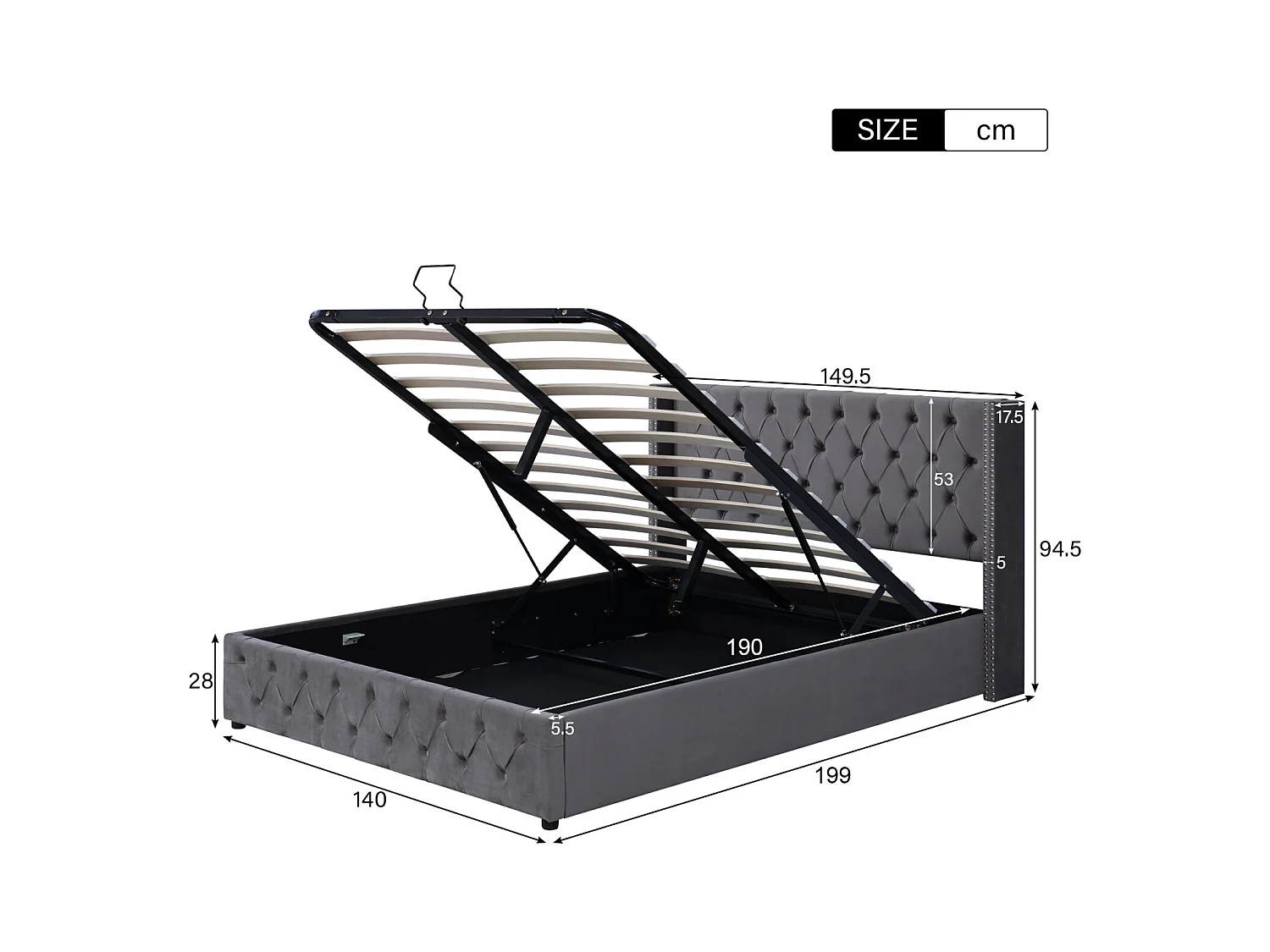 Cama de arrumação 140x190cm, cama de casal com estrado de ripas e cabeceira em forma de orelha, cama estofada em veludo, Cinzento