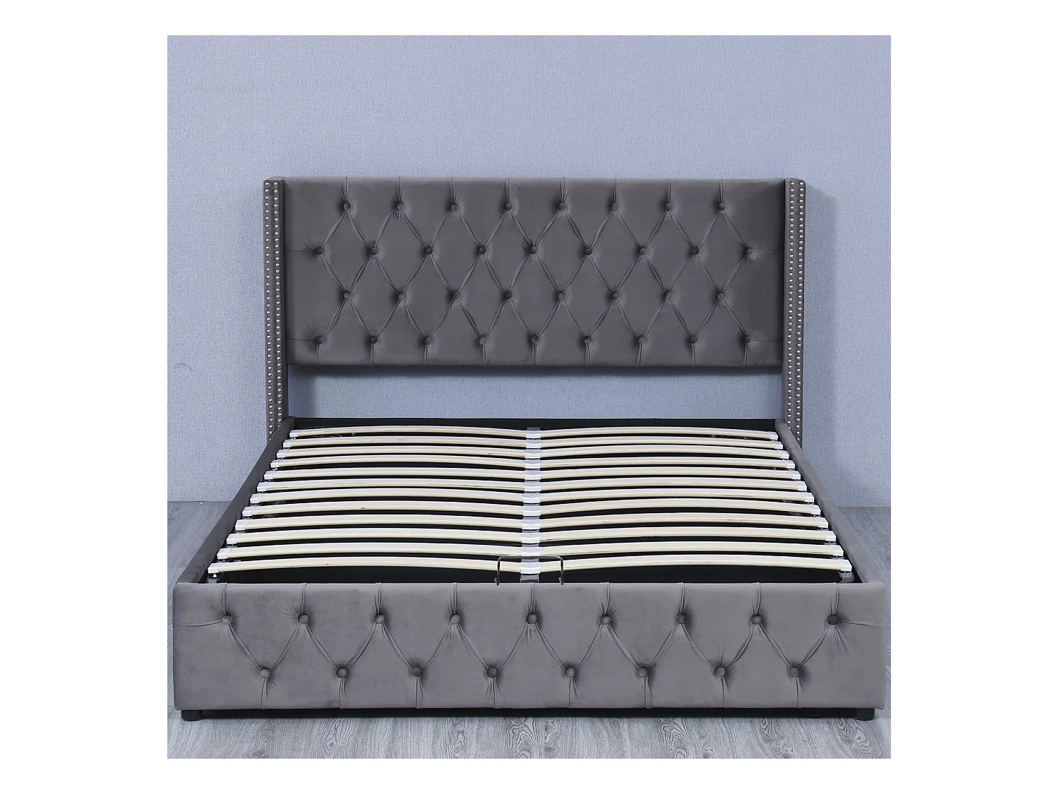 Cama de arrumação 140x190cm, cama de casal com estrado de ripas e cabeceira em forma de orelha, cama estofada em veludo, Cinzento