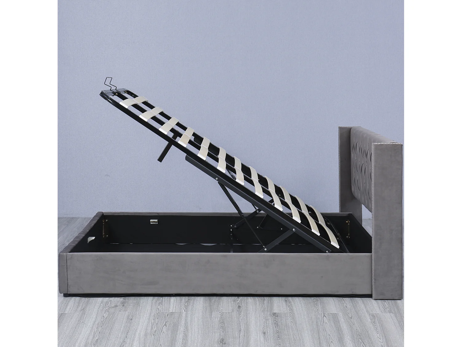 Cama de arrumação 140x190cm, cama de casal com estrado de ripas e cabeceira em forma de orelha, cama estofada em veludo, Cinzento
