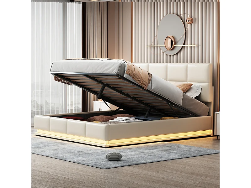 Lit coffre 180x200 cm - Lit doub LED capitonné relevable hydraulique avec sommier à lattes, tête de lit, simili cuir PU - Beige