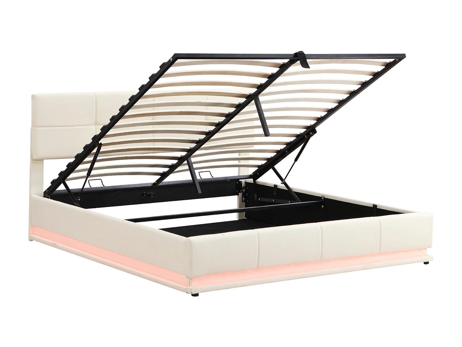 Lit coffre 180x200 cm - Lit doub LED capitonné relevable hydraulique avec sommier à lattes, tête de lit, simili cuir PU - Beige