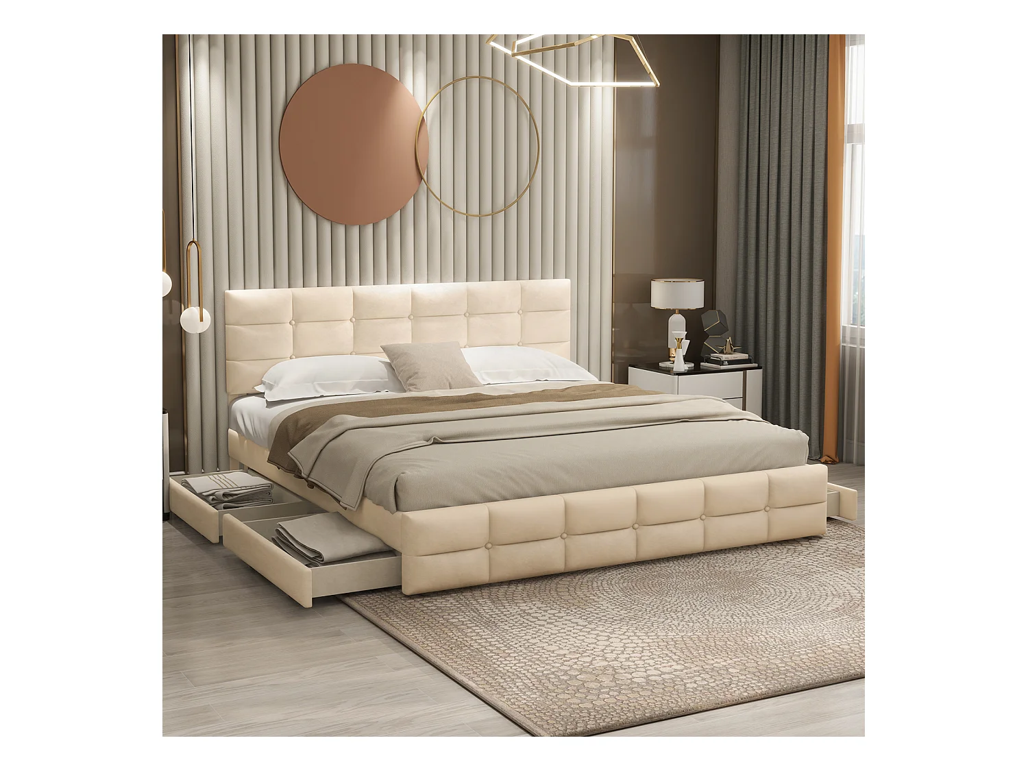 Lit double 180x200cm, lit adulte avec 4 tiroirs, sommier à lattes et dossier et tête de lit, en velours - pour adultes et adolescents - beige