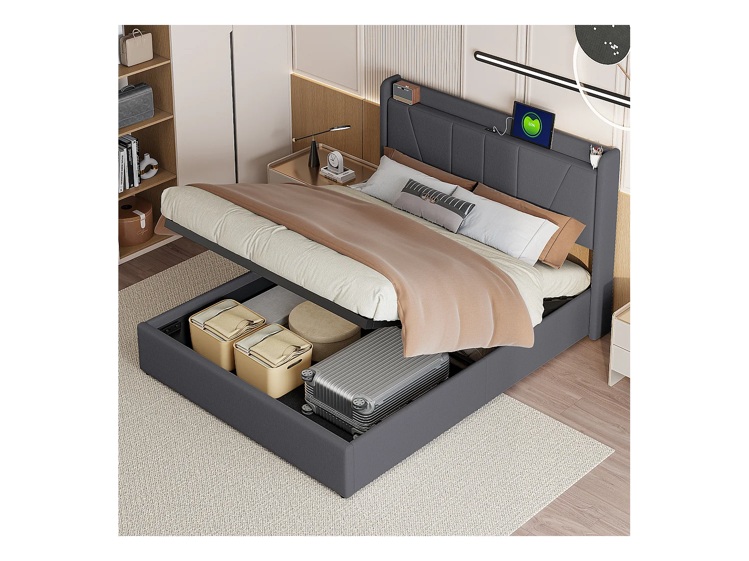 Lit coffre 160x200cm en tissu lin avec port USB - tête de lit et sommier à lattes - Gris