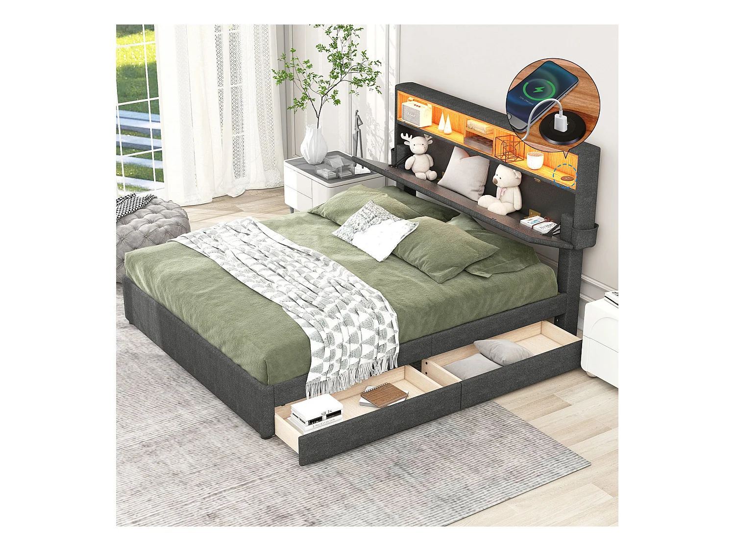 Lit double 140x200cm - avec 2 tiroirs + sommier à lattes + tête de lit LED réglable avec recharge USB et rangement - Gris