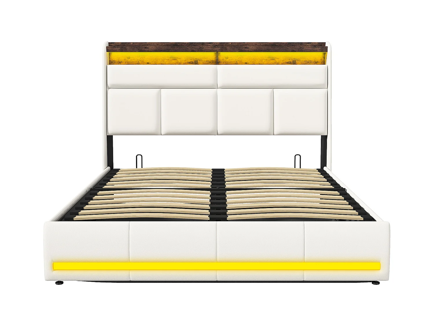 Cama 160x200 cm, Cama tapizada con luces LED, Cama tapizada con somier y canapé, Cama con función hidráulica, cama de invitados, para adultos, PU, Blanco