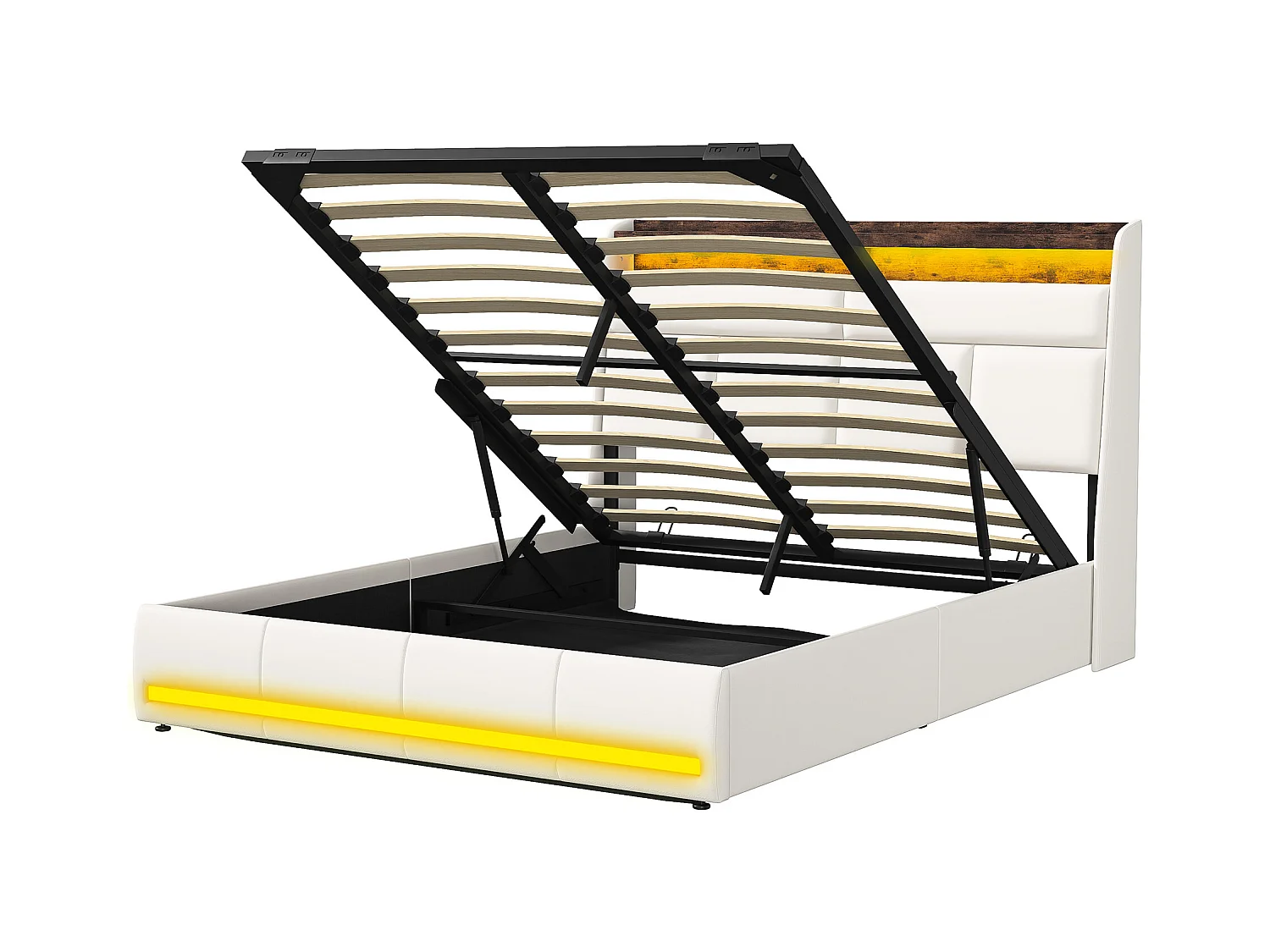 Cama 160x200 cm, Cama tapizada con luces LED, Cama tapizada con somier y canapé, Cama con función hidráulica, cama de invitados, para adultos, PU, Blanco