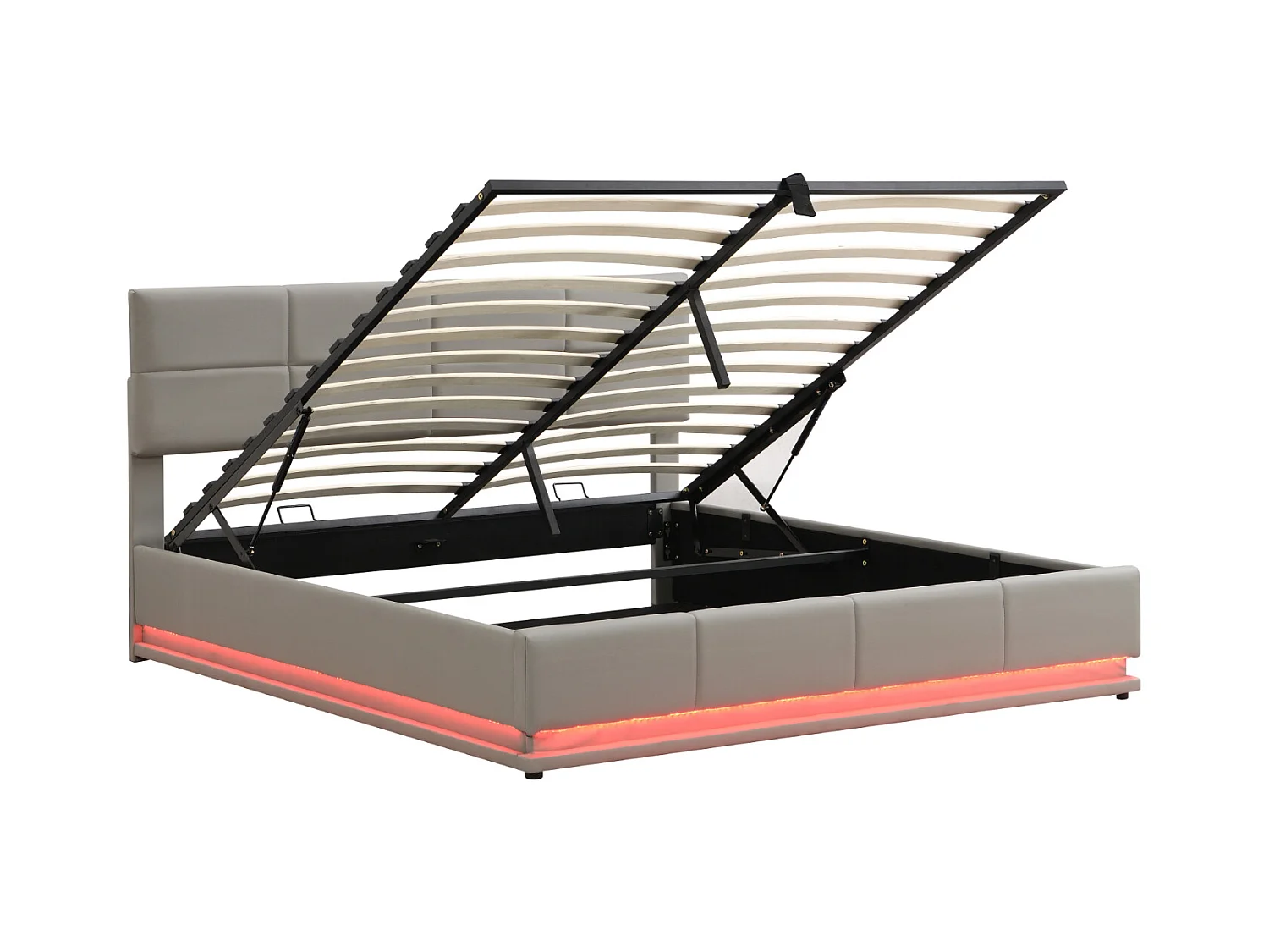 Lit coffre 180x200 cm - Lit doub LED capitonné relevable hydraulique avec sommier à lattes, tête de lit, simili cuir PU - Gris Clair