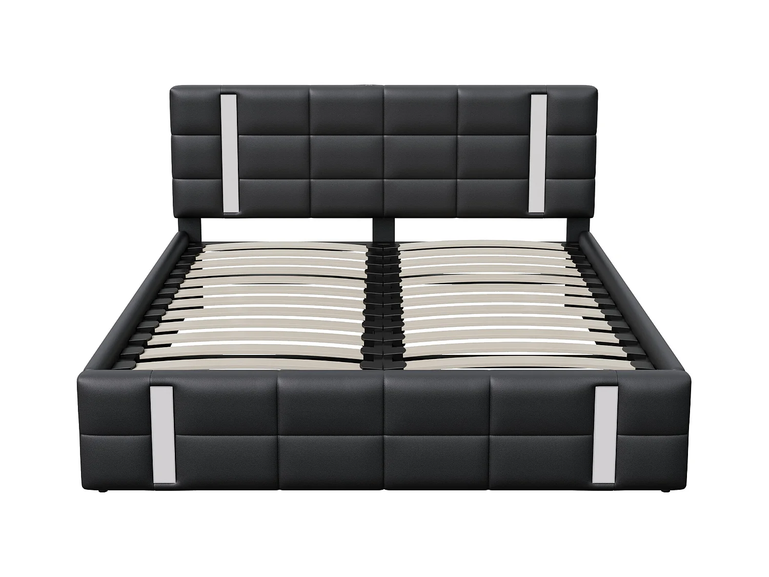 Lit adulte 160×200cm avec bande lumineuse LED, coffre de lit rangement, dossier, interface USB*2, lit capitonné, lit ado, PU noir