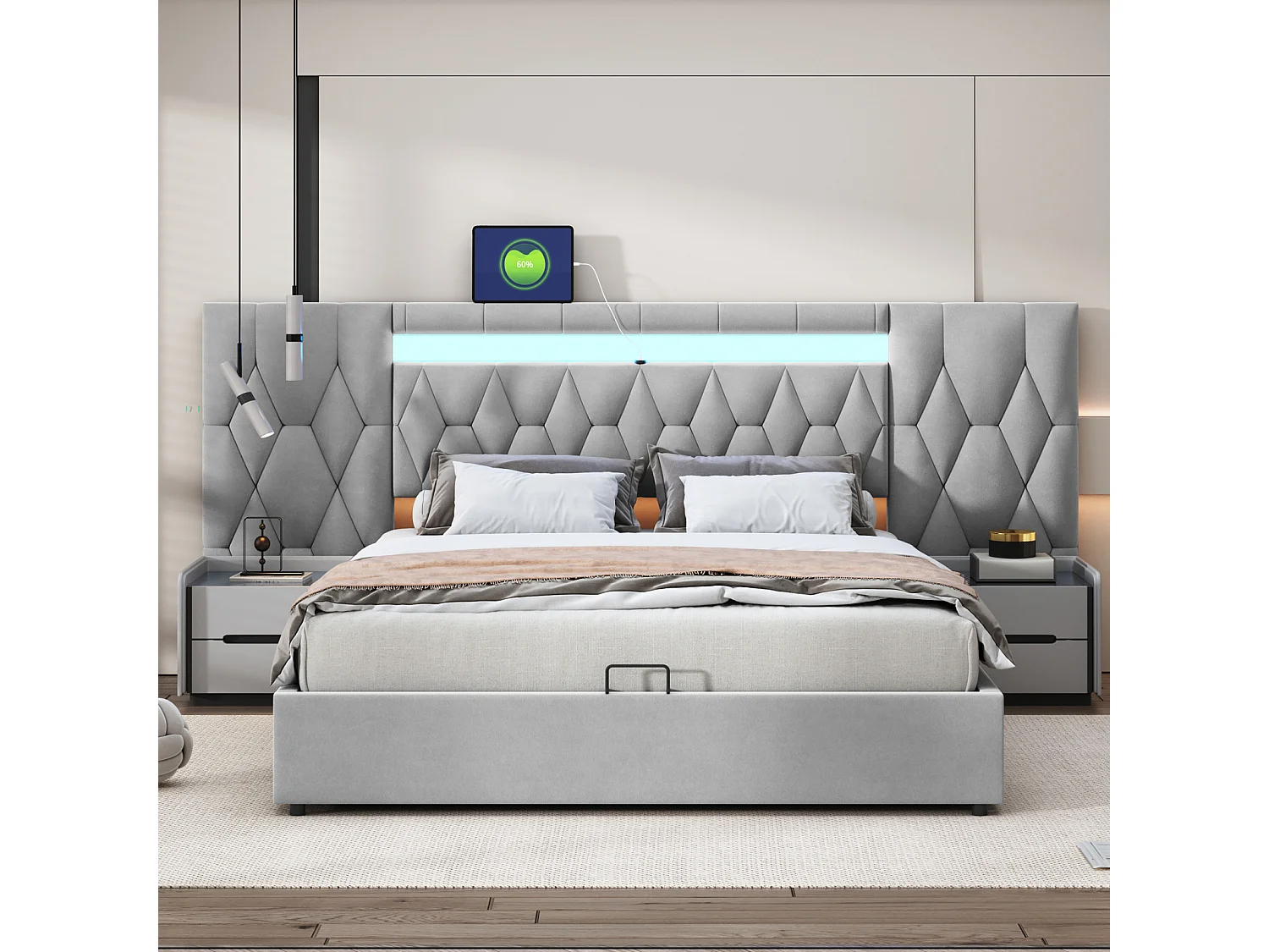 Letto contenitore imbottito 160x200cm - con ampio schienale - con LED e porta USB - velluto - letto contenitore - grigio