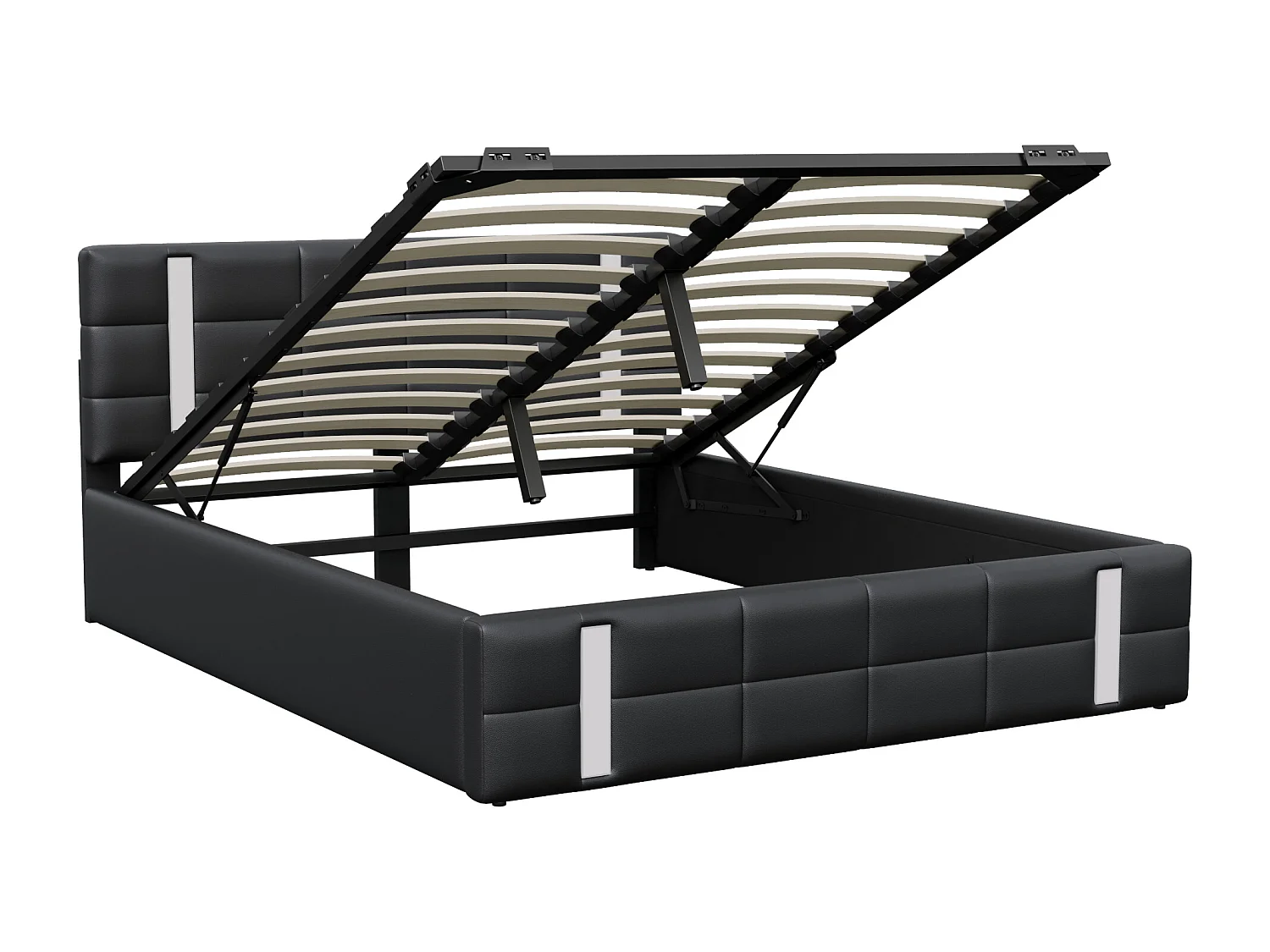 Volwassen bed 140×200cm met LED-lichtstrip, opbergbedkast, rugleuning, USB-interface*2, gestoffeerd bed, tienerbed, zwart PU