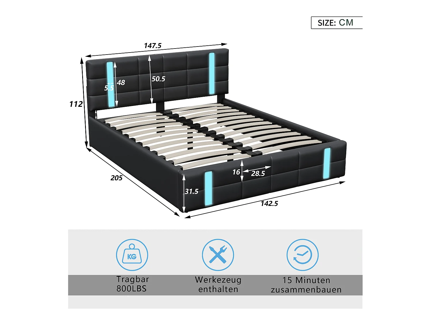 Cama para adultos de 140 x 200 cm con tira de luz LED, compartimento de almacenamiento, respaldo, interfaz USB*2, cama tapizada, cama para adolescentes, PU negro