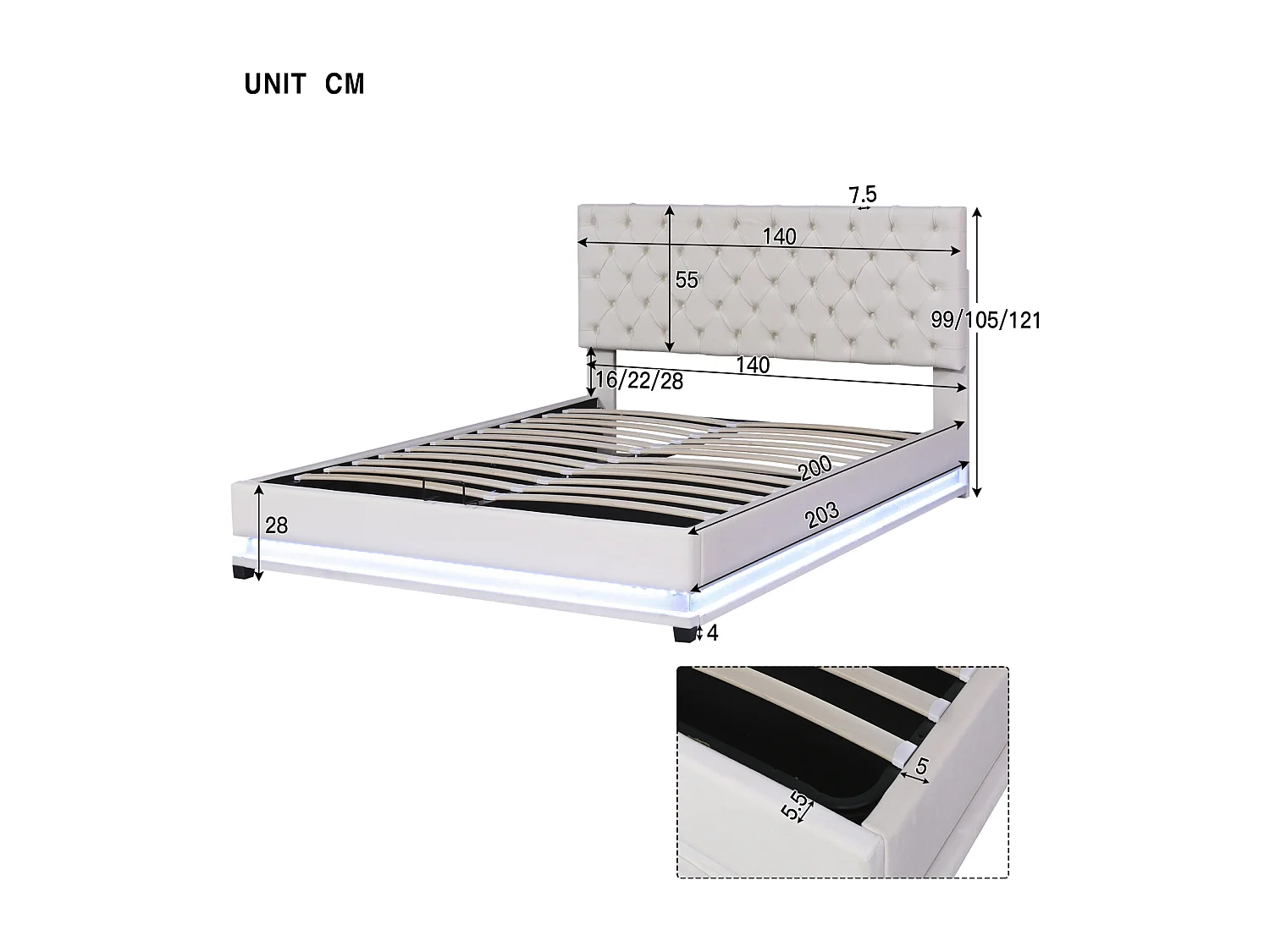 Lit coffre rembourré LED avec hydraulique et couvre-sommier à lattes, tête de lit réglable, Beige, 140x200cm