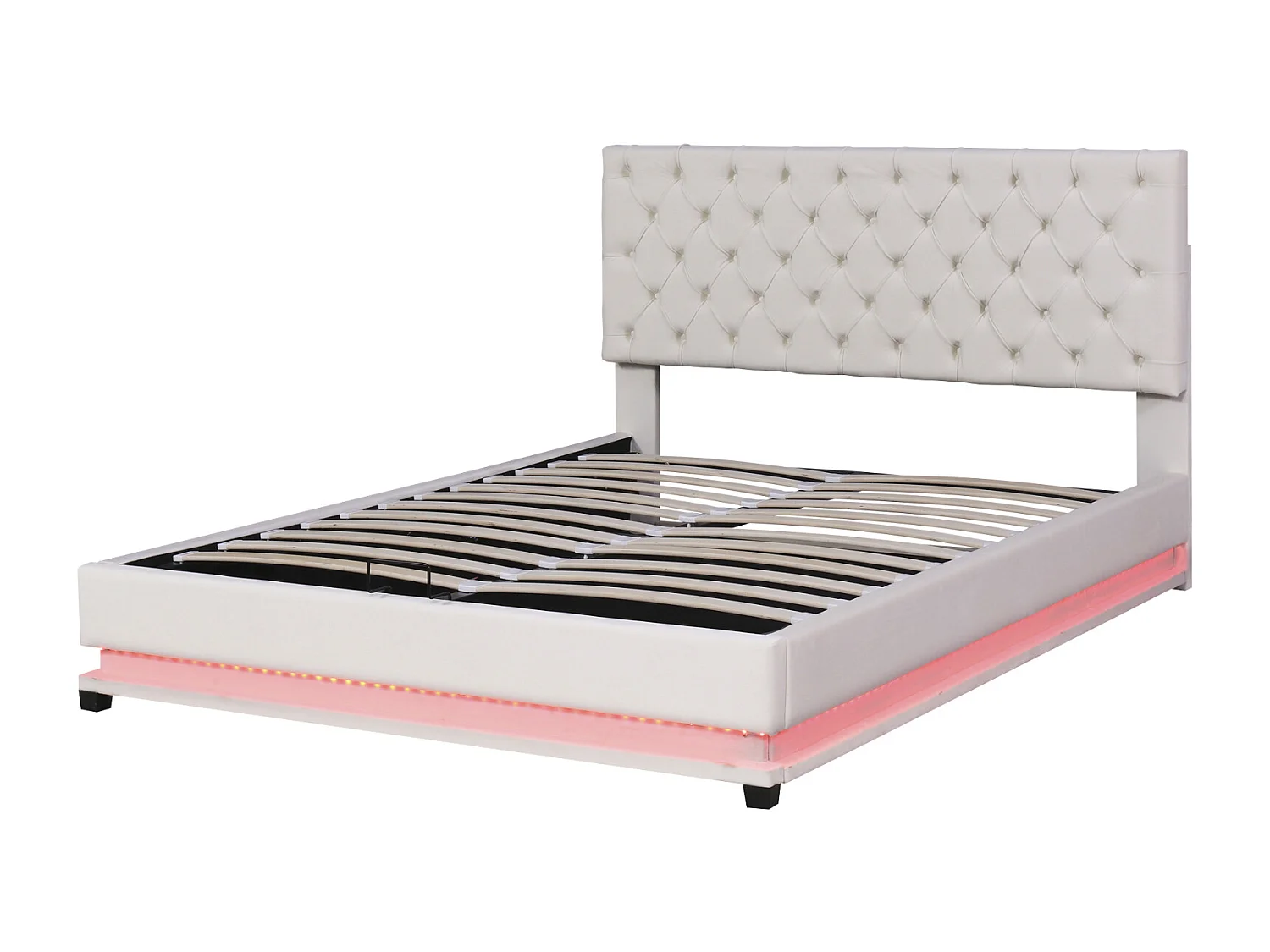 Lit coffre rembourré LED avec hydraulique et couvre-sommier à lattes, tête de lit réglable, Beige, 140x200cm