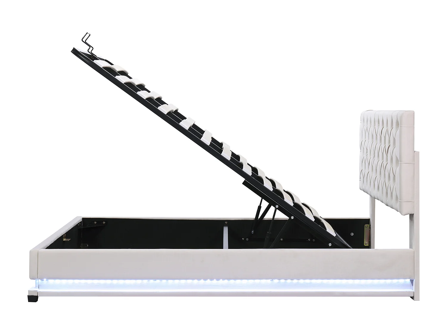 Lit coffre rembourré LED avec hydraulique et couvre-sommier à lattes, tête de lit réglable, Beige, 140x200cm