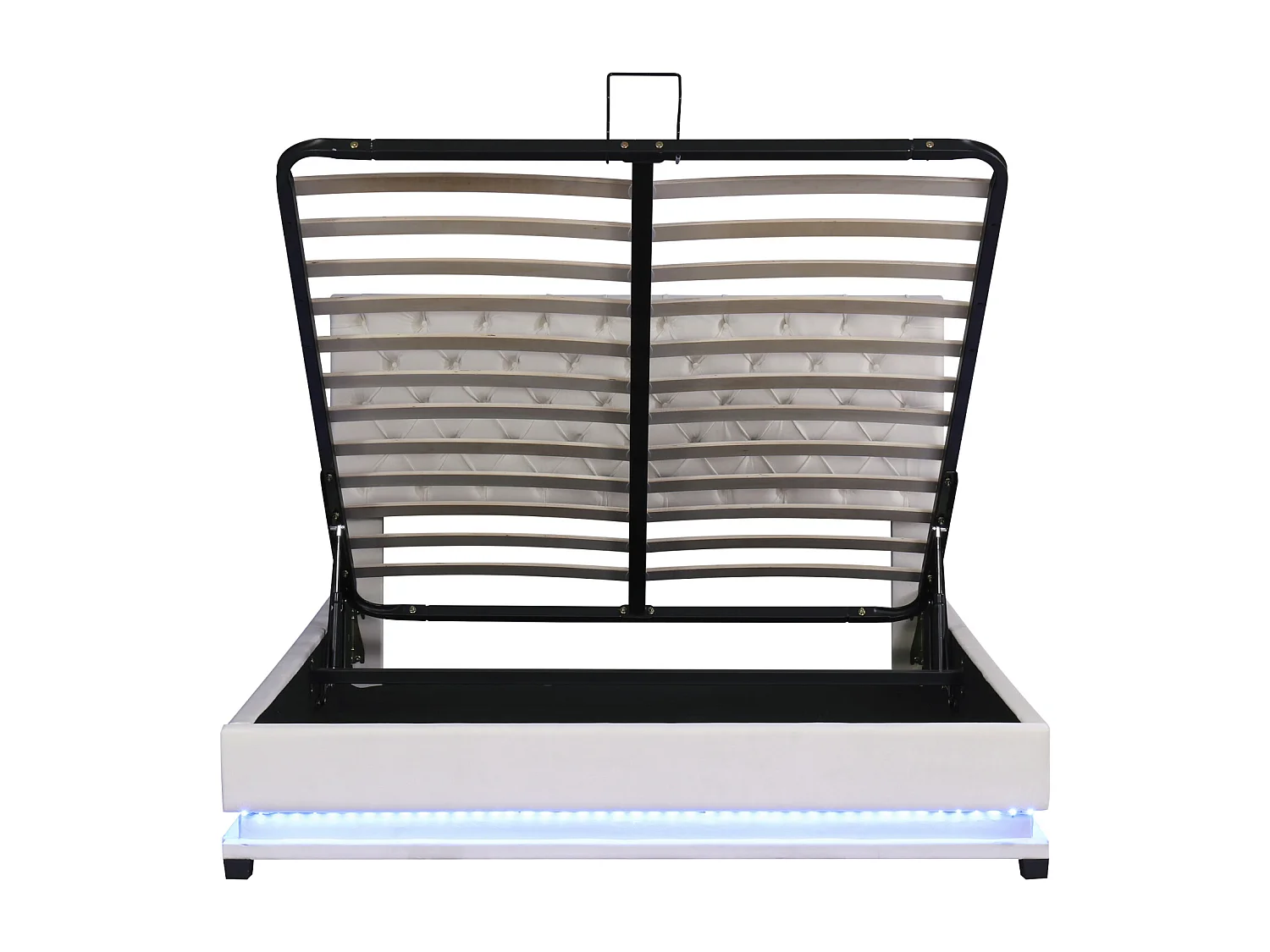 Lit coffre rembourré LED avec hydraulique et couvre-sommier à lattes, tête de lit réglable, Beige, 140x200cm