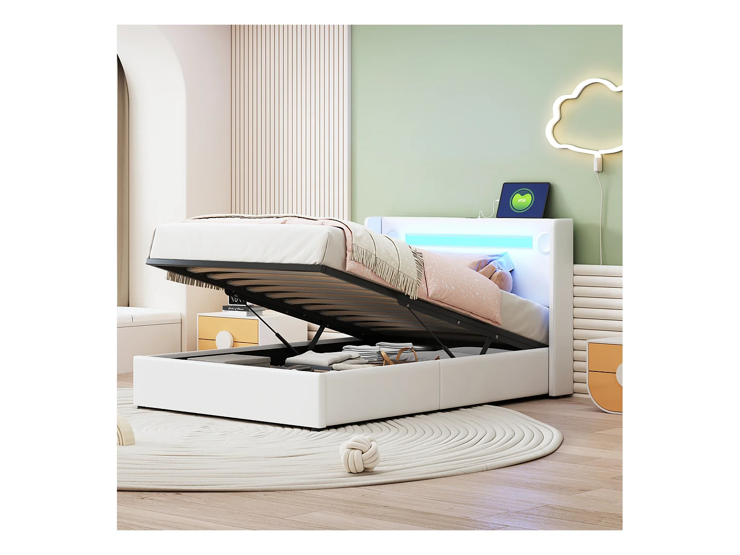 Cama canapé 90x200cm - Cama individual con somier de láminas, cabecero LED con Bluetooth y puerto USB - en piel sintética color blanco