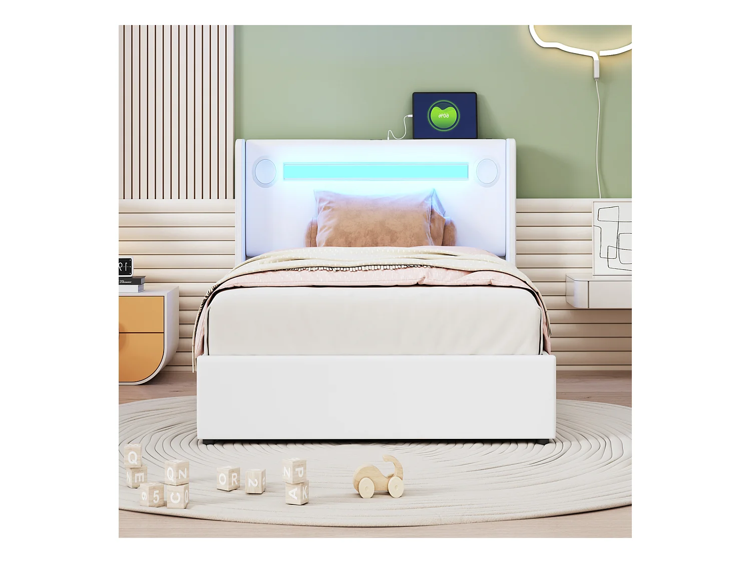 Cama canapé 90x200cm - Cama individual con somier de láminas, cabecero LED con Bluetooth y puerto USB - en piel sintética color blanco