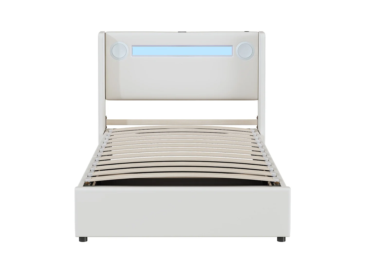 Cama canapé 90x200cm - Cama individual con somier de láminas, cabecero LED con Bluetooth y puerto USB - en piel sintética color blanco