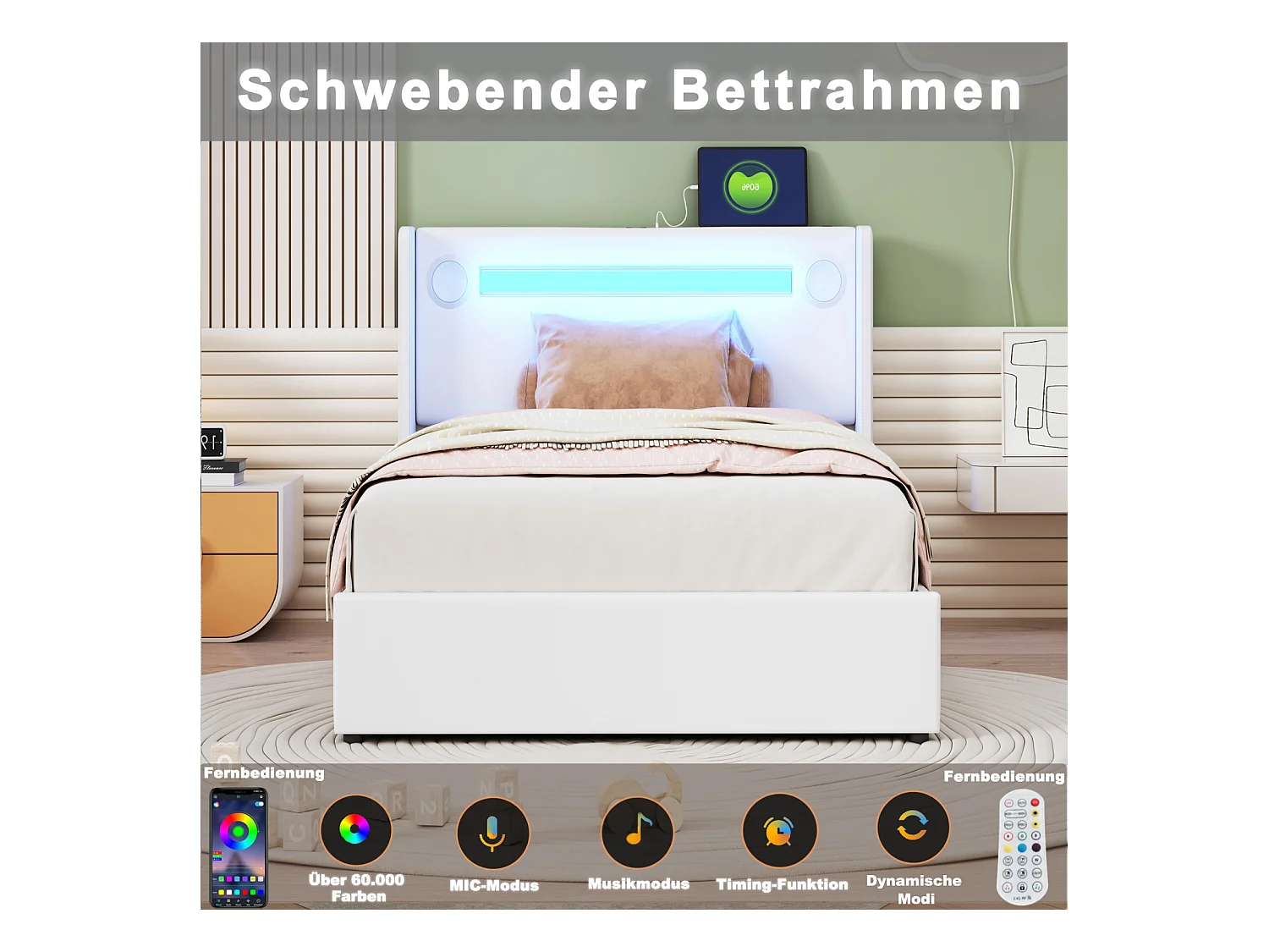 Cama canapé 90x200cm - Cama individual con somier de láminas, cabecero LED con Bluetooth y puerto USB - en piel sintética color blanco