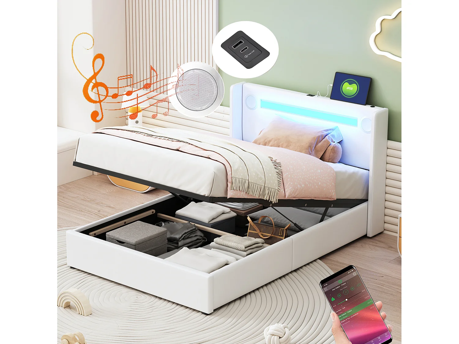 Opbergbed 90x200cm - Eenpersoonsbed met lattenbodem, LED-hoofdbord met Bluetooth en USB-aansluiting - in wit PU-leer