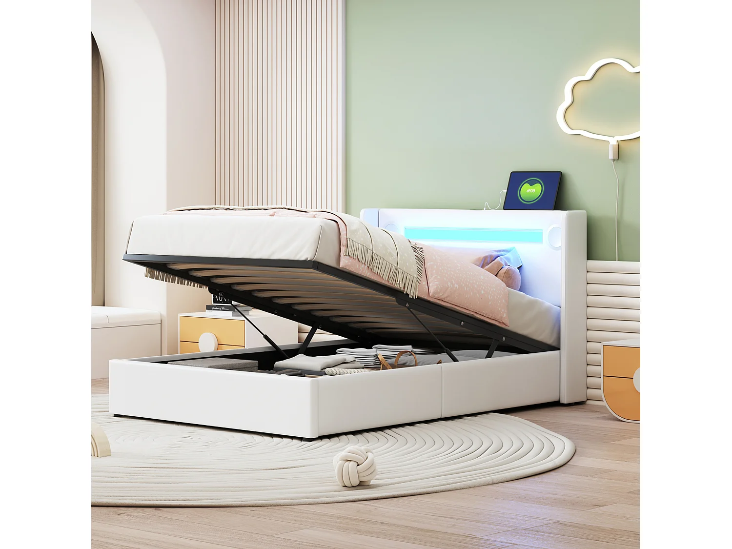 Opbergbed 90x200cm - Eenpersoonsbed met lattenbodem, LED-hoofdbord met Bluetooth en USB-aansluiting - in wit PU-leer