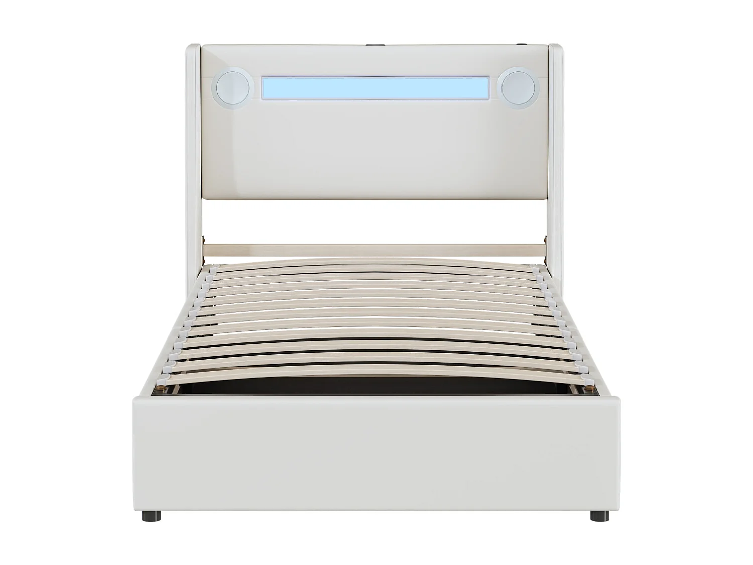 Opbergbed 90x200cm - Eenpersoonsbed met lattenbodem, LED-hoofdbord met Bluetooth en USB-aansluiting - in wit PU-leer