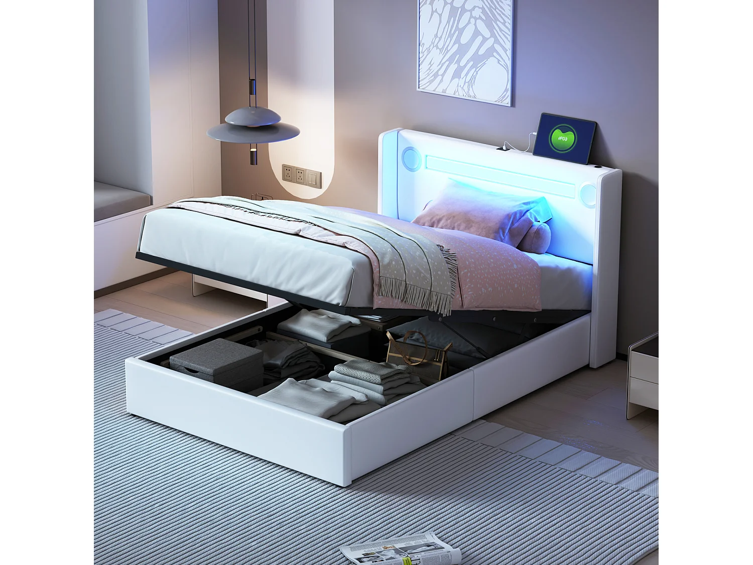 Opbergbed 90x200cm - Eenpersoonsbed met lattenbodem, LED-hoofdbord met Bluetooth en USB-aansluiting - in wit PU-leer