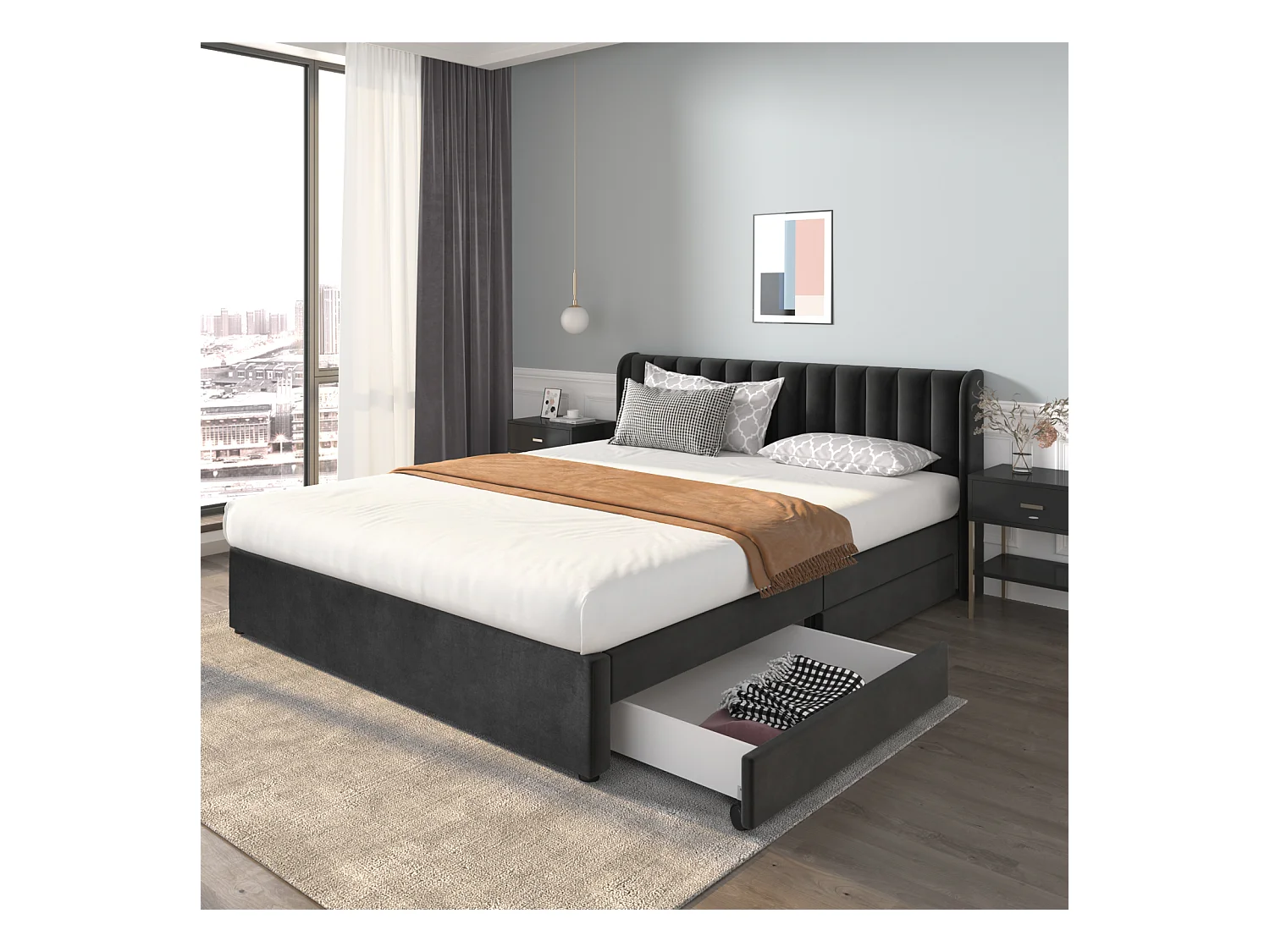 Letto matrimoniale 140x200cm, letto imbottito in velluto, con 2 cassetti, rete a doghe e testiera, nero