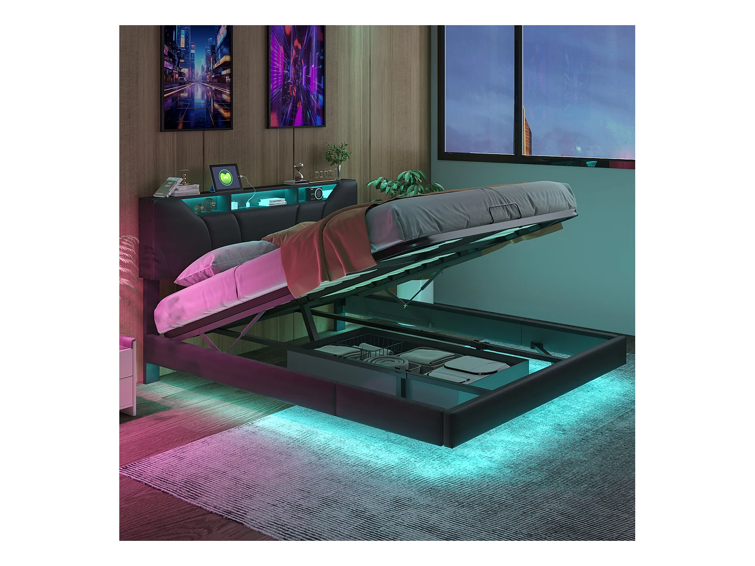 Lit double rembourré 140x200cm - avec USB et lumière LED - Cadre de lit avec tête de lit rangement et coffre de rangement pour lit, en PU- Gris