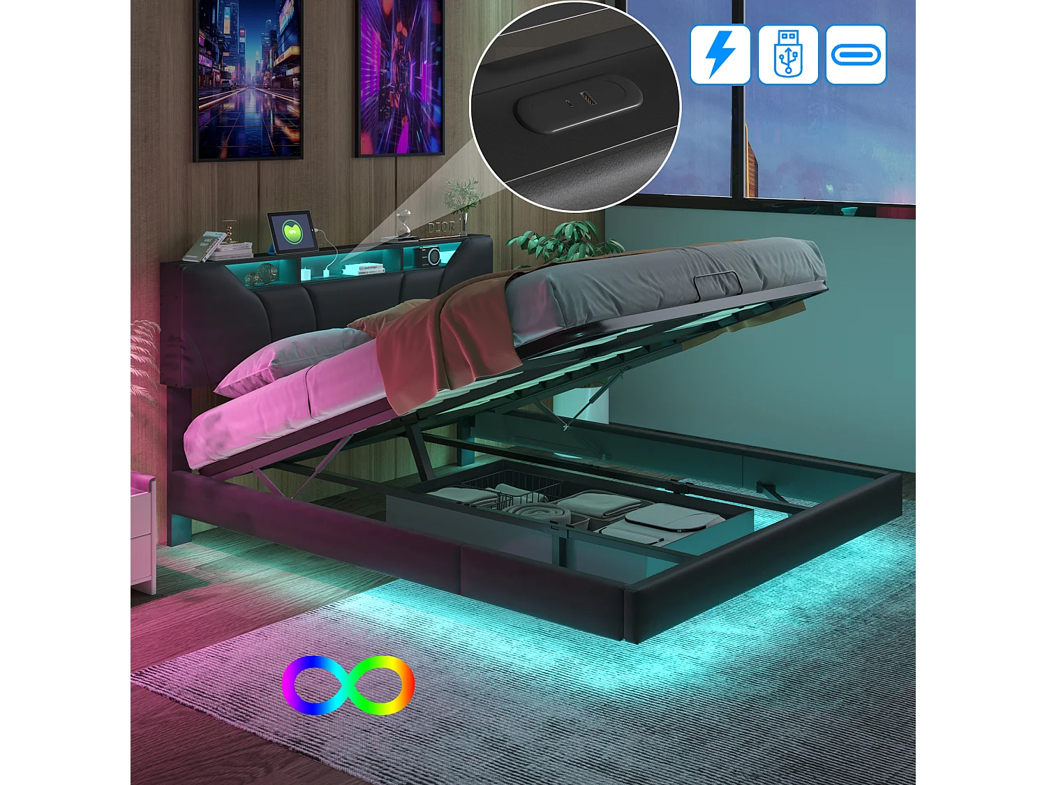 Lit double rembourré 140x200cm - avec USB et lumière LED - Cadre de lit avec tête de lit rangement et coffre de rangement pour lit, en PU- Gris