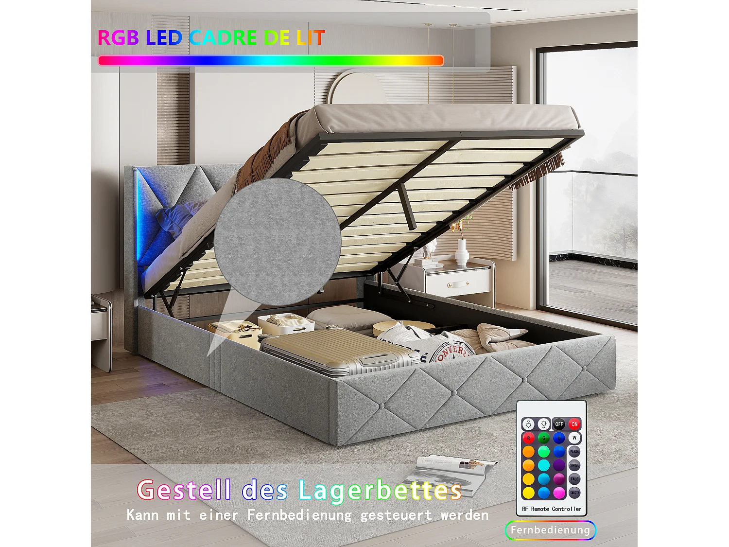 Cama de armazenamento 140x200 com LED, cama estofada em veludo, cama de casal, cama de armazenamento, estrutura de cama estofada, cama para adultos, cinza