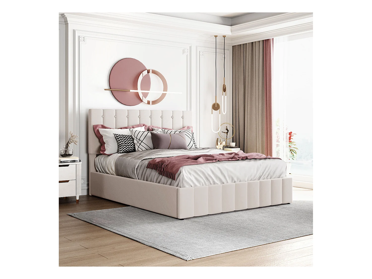 Lit coffre adulte 140 x 200cm - lit double en velours avec sommier à lattes en métal et tête de lit réglable en hauteur - Blanc